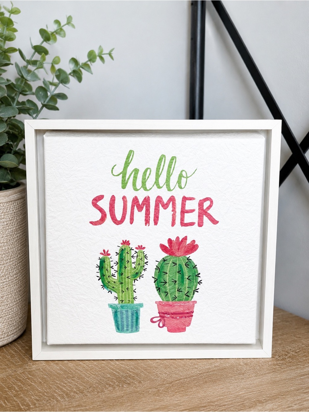 Room & Retreat Hello Summer Cactus Succulent Box Sign Wall Art